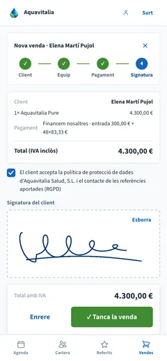 Venta exprés de Aquavitalia en el móvil, en casa del cliente: resumen de la venta con financiación y firma con el dedo (datos de demostración)