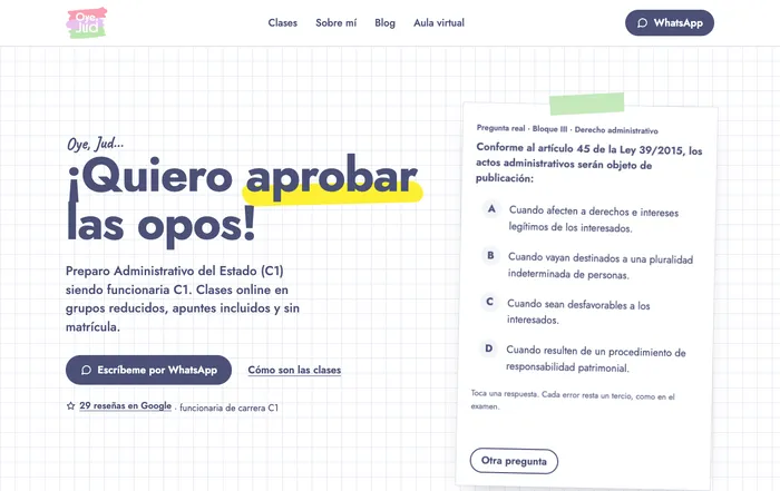 Portada de la web de OyeJud, con una pregunta de examen para practicar