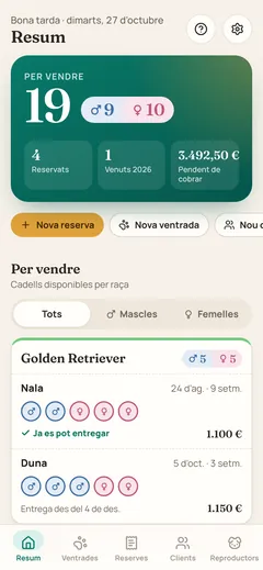 El mismo resumen de Vilaguau en el móvil, como lo usa el criador en el criadero (datos de demostración)